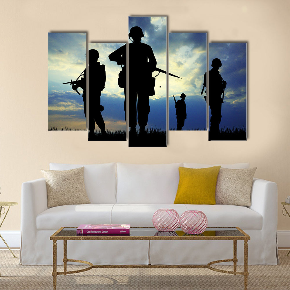 Soldiers Silhouette On A Sunset With Rifles, Targeting Enemy, Multi Panel Canvas Wall Art