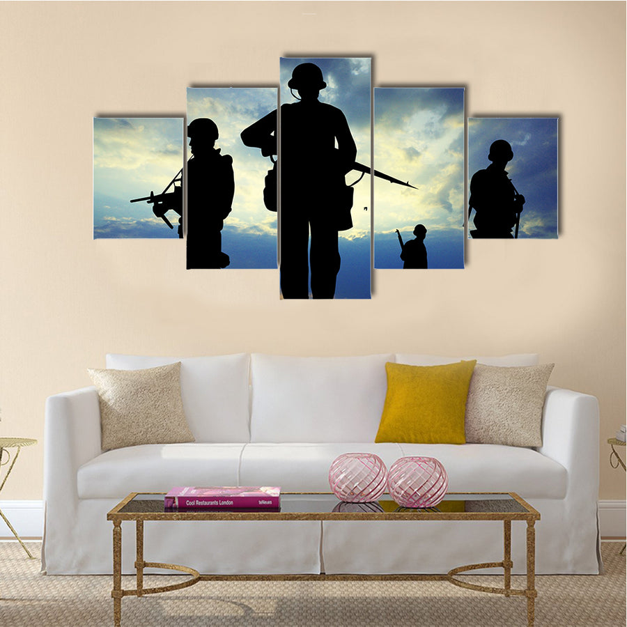 Soldiers Silhouette On A Sunset With Rifles, Targeting Enemy, Multi Panel Canvas Wall Art
