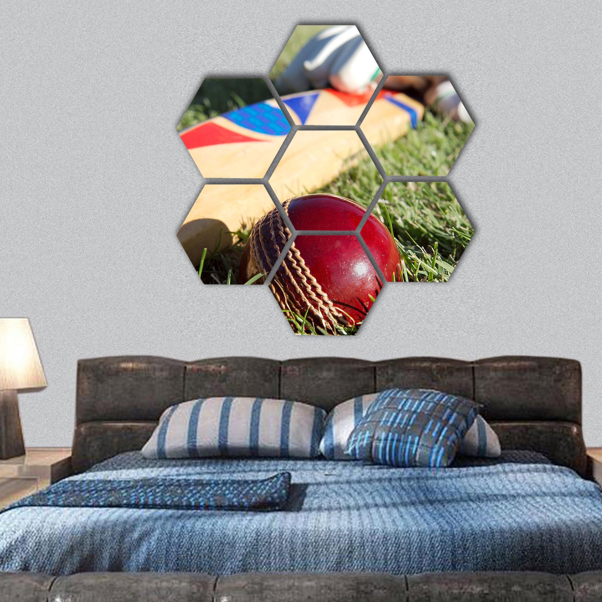 Cricket ball, bat and gloves on the field hexagonal canvas wall art