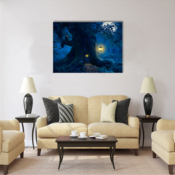 Magical night with a little home in the trunk Multi Panel Canvas Wall Art
