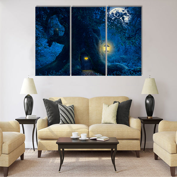 Magical night with a little home in the trunk Multi Panel Canvas Wall Art