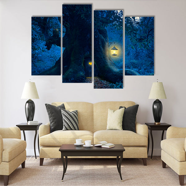 Magical night with a little home in the trunk Multi Panel Canvas Wall Art
