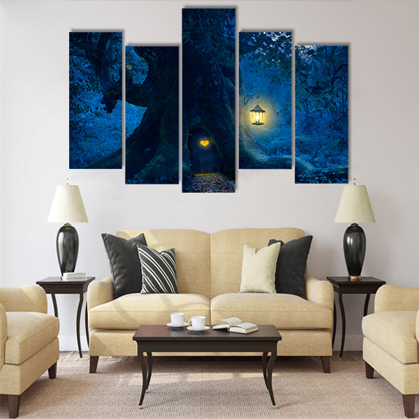 Magical night with a little home in the trunk Multi Panel Canvas Wall Art