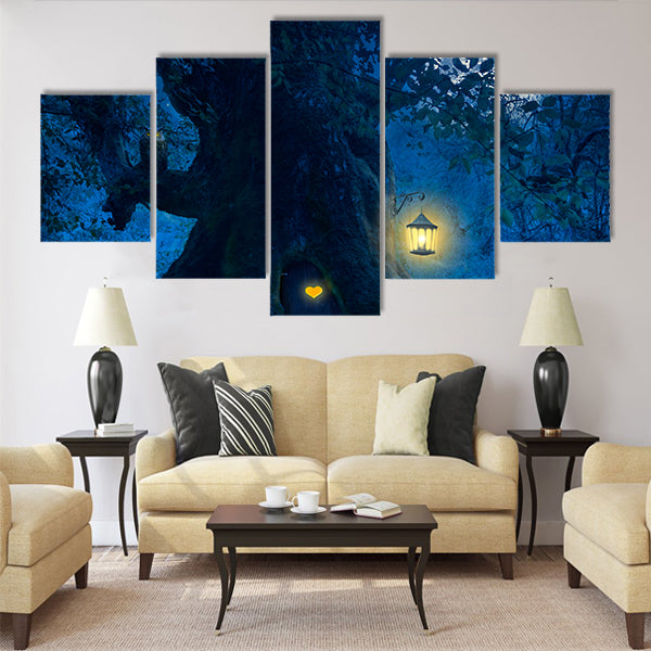 Magical night with a little home in the trunk Multi Panel Canvas Wall Art