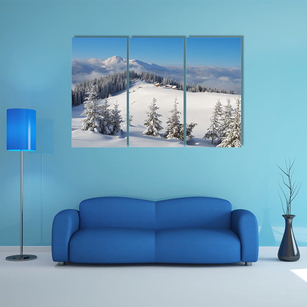 The Winter Landscape On A Sunny Afternoon With The Village In Ukraine Multi Panel Canvas Wall Art