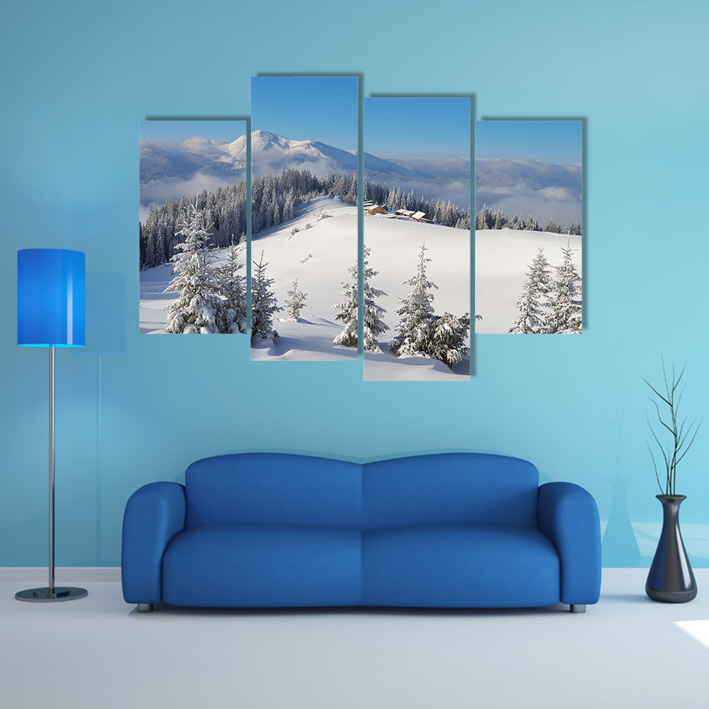 The Winter Landscape On A Sunny Afternoon With The Village In Ukraine Multi Panel Canvas Wall Art