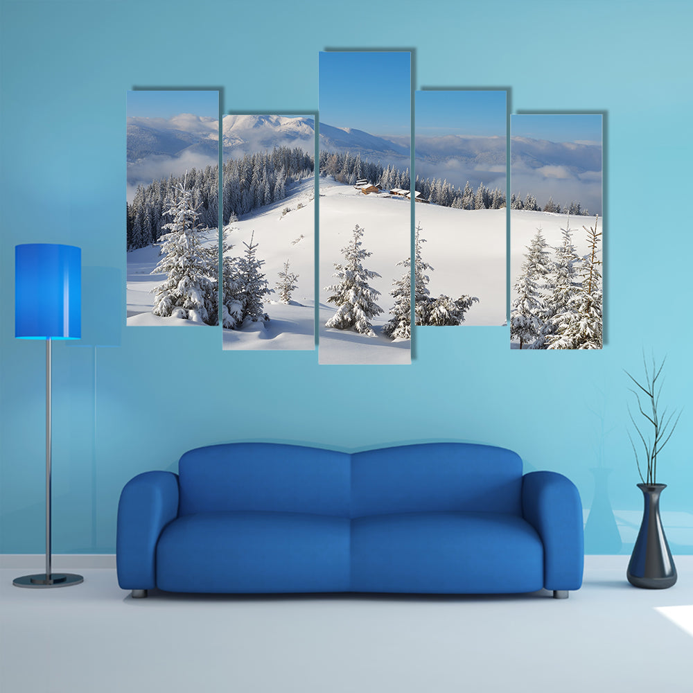 The Winter Landscape On A Sunny Afternoon With The Village In Ukraine Multi Panel Canvas Wall Art