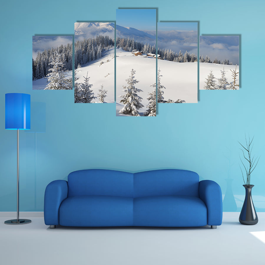 The Winter Landscape On A Sunny Afternoon With The Village In Ukraine Multi Panel Canvas Wall Art