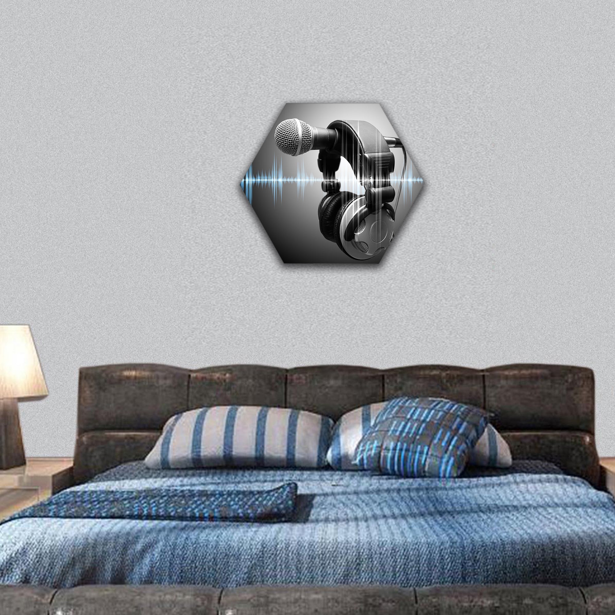 Microphone and headphones hexagonal canvas wall art