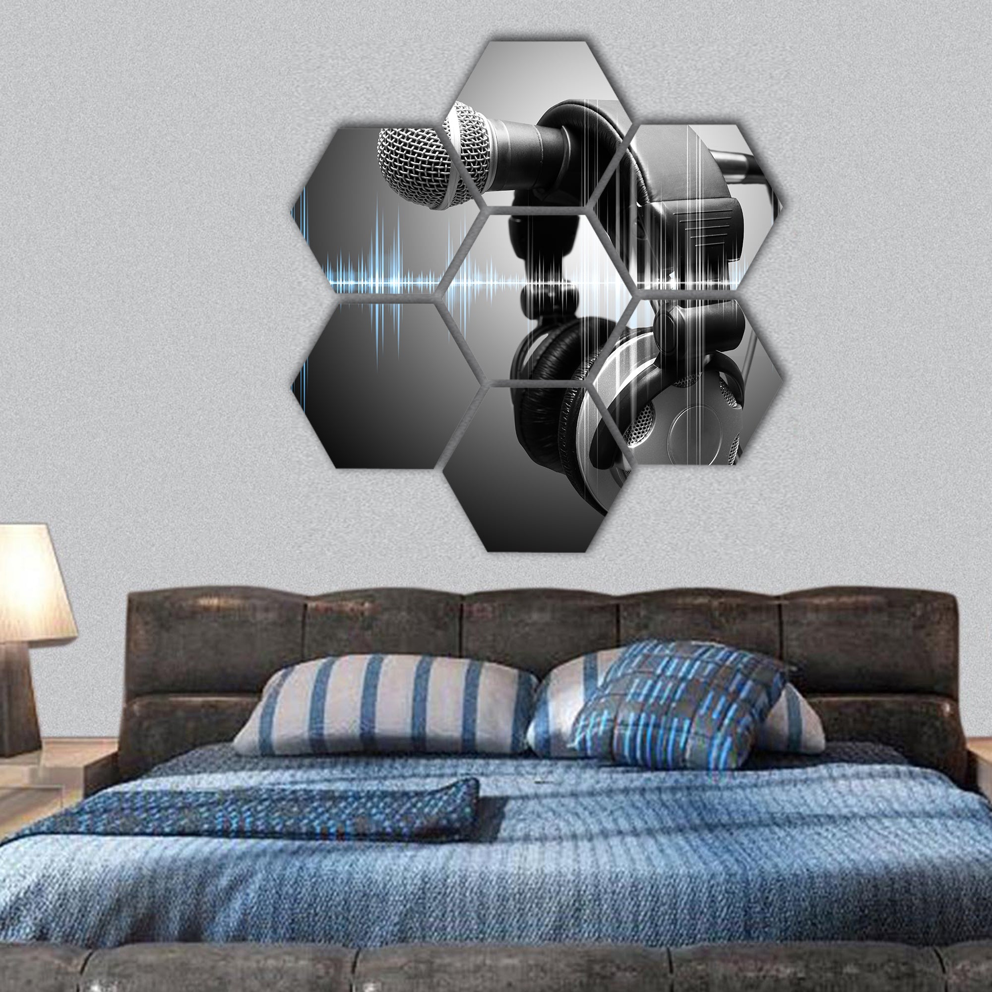 Microphone and headphones hexagonal canvas wall art