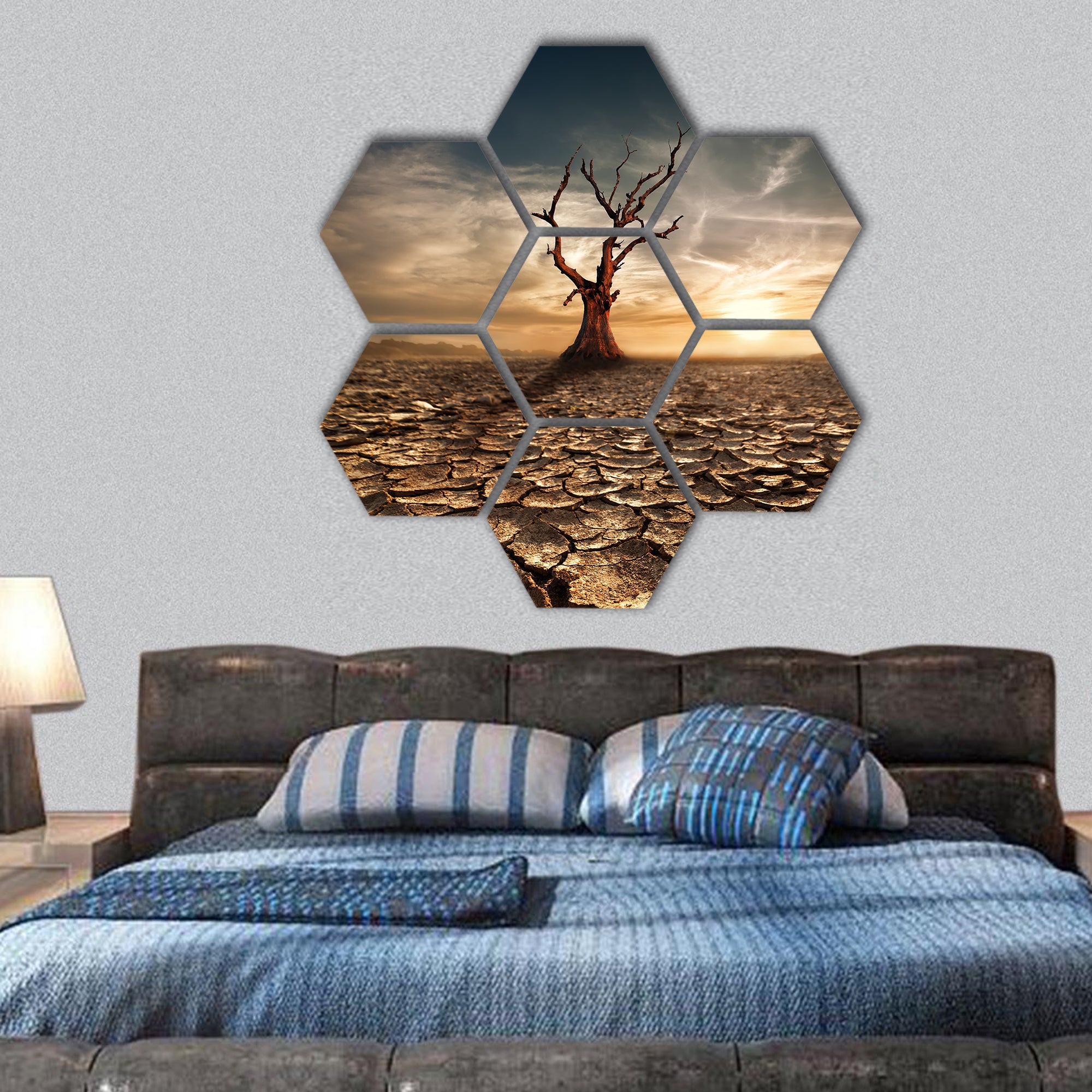 Global warming concept at drought cracked desert landscape hexagonal canvas wall art