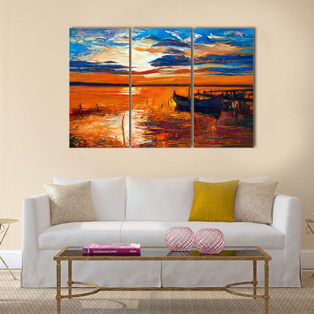 Original oil painting of boats and jetty(pier) on canvas Multi Panel Canvas Wall Art