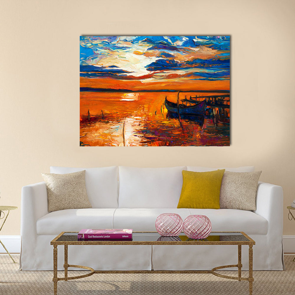 Original oil painting of boats and jetty(pier) on canvas Multi Panel Canvas Wall Art