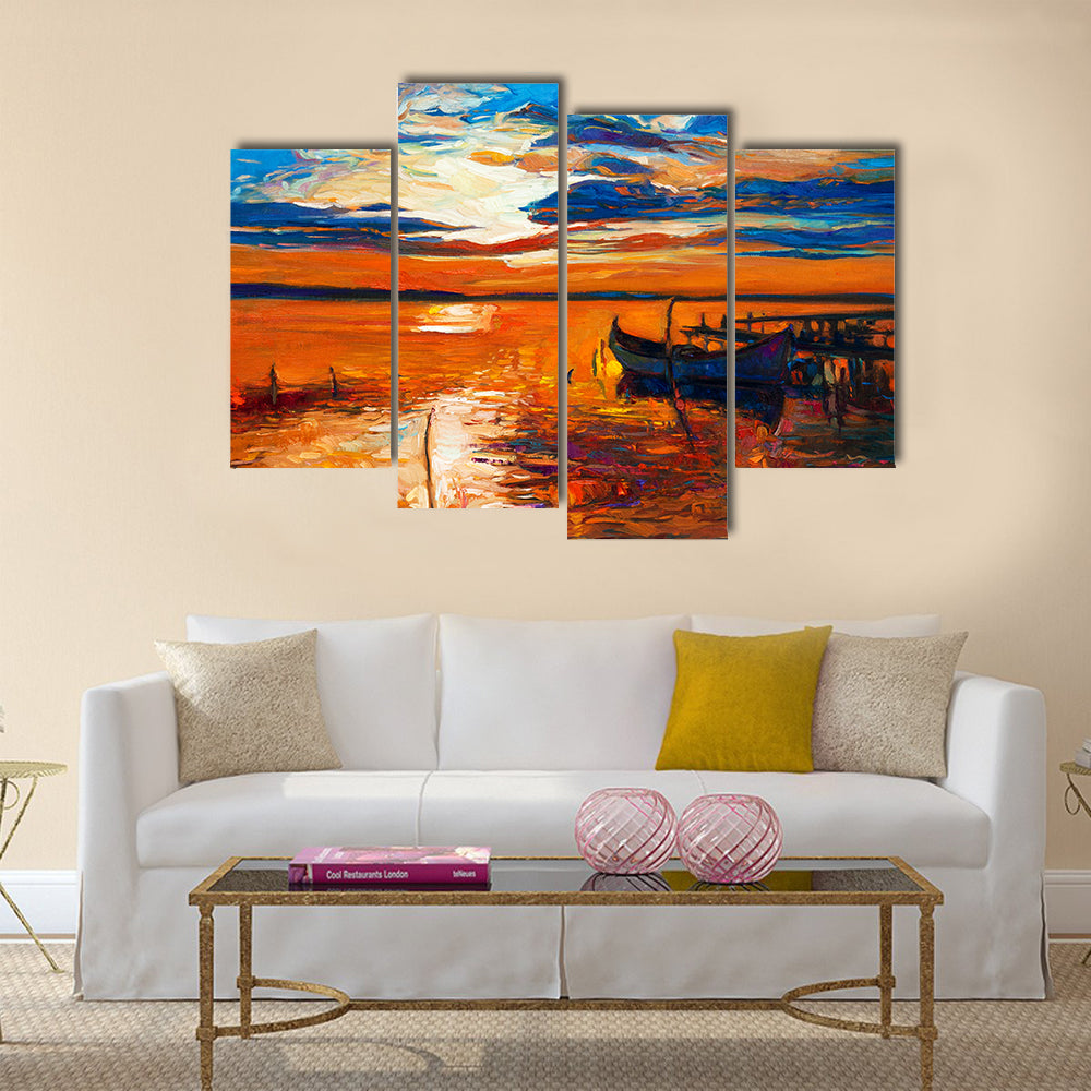 Original oil painting of boats and jetty(pier) on canvas Multi Panel Canvas Wall Art