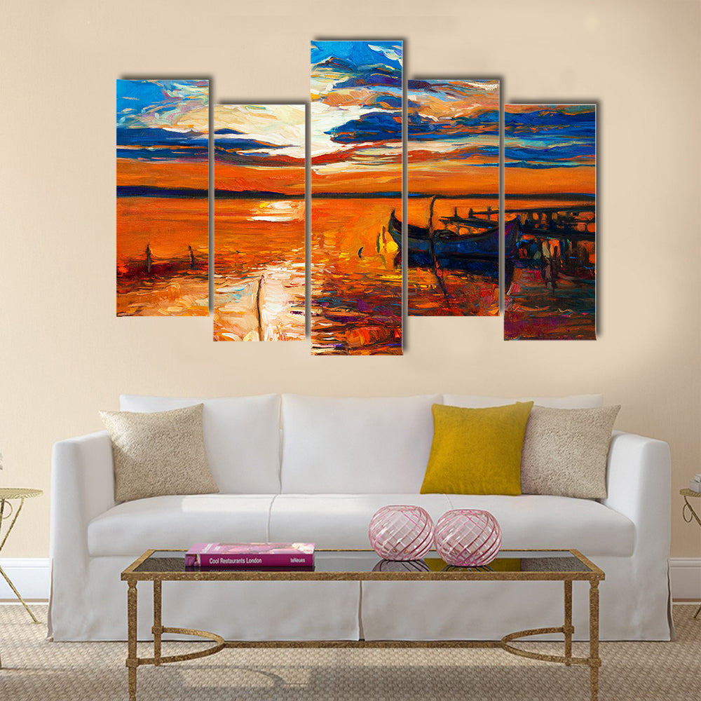 Original oil painting of boats and jetty(pier) on canvas Multi Panel Canvas Wall Art