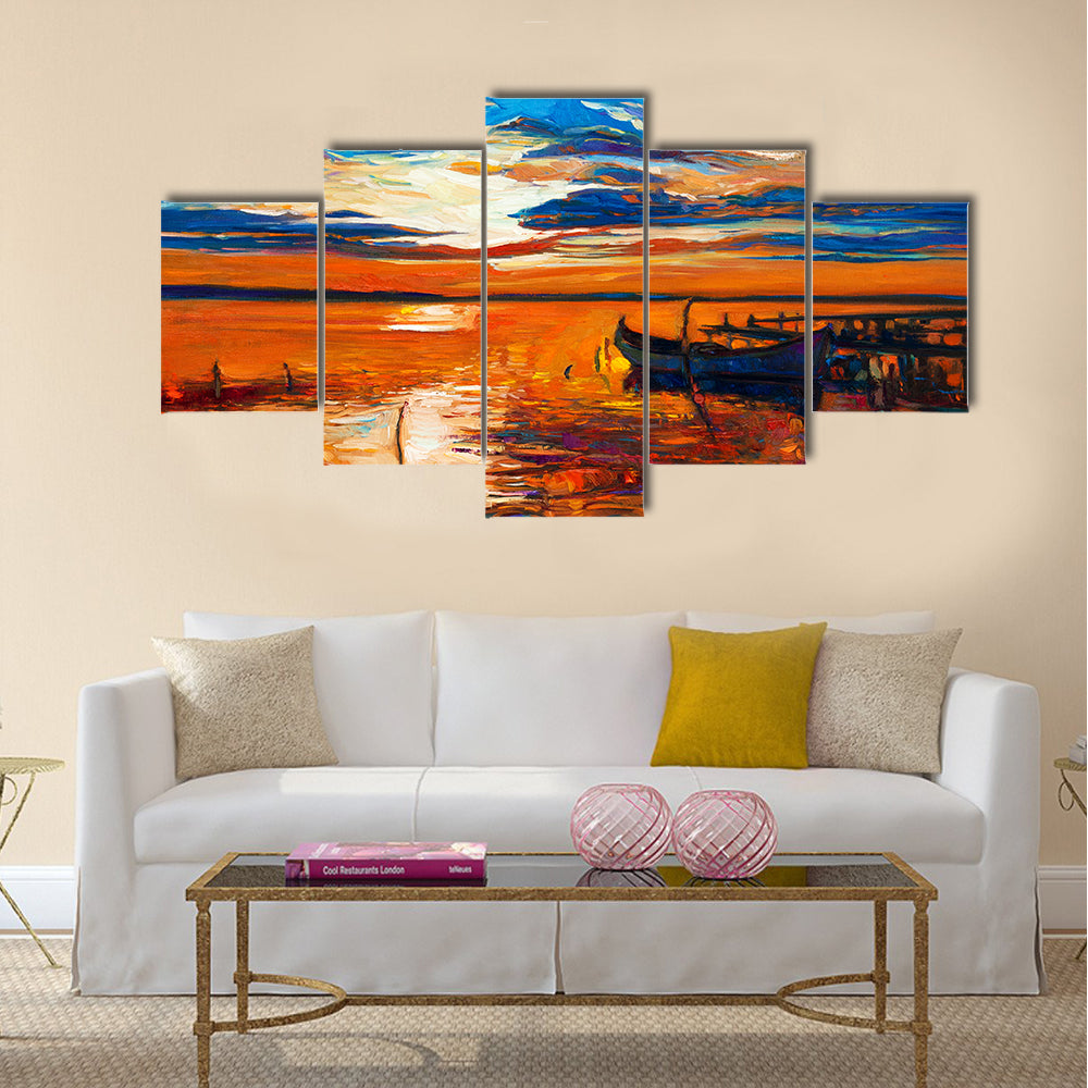 Original oil painting of boats and jetty(pier) on canvas Multi Panel Canvas Wall Art