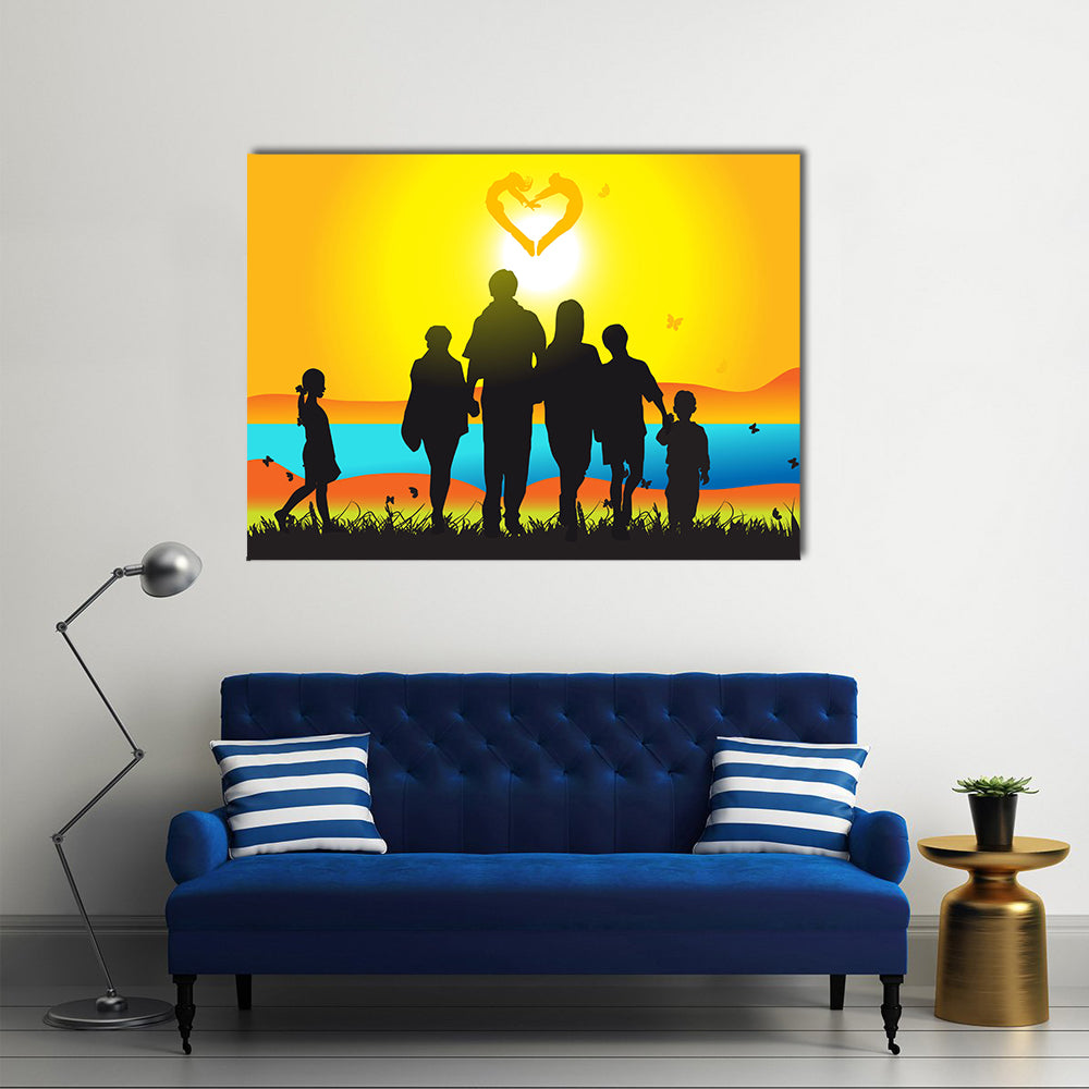 Happy family walks on nature, sunset Multi Panel Canvas Wall Art