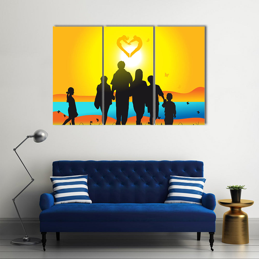 Happy family walks on nature, sunset Multi Panel Canvas Wall Art