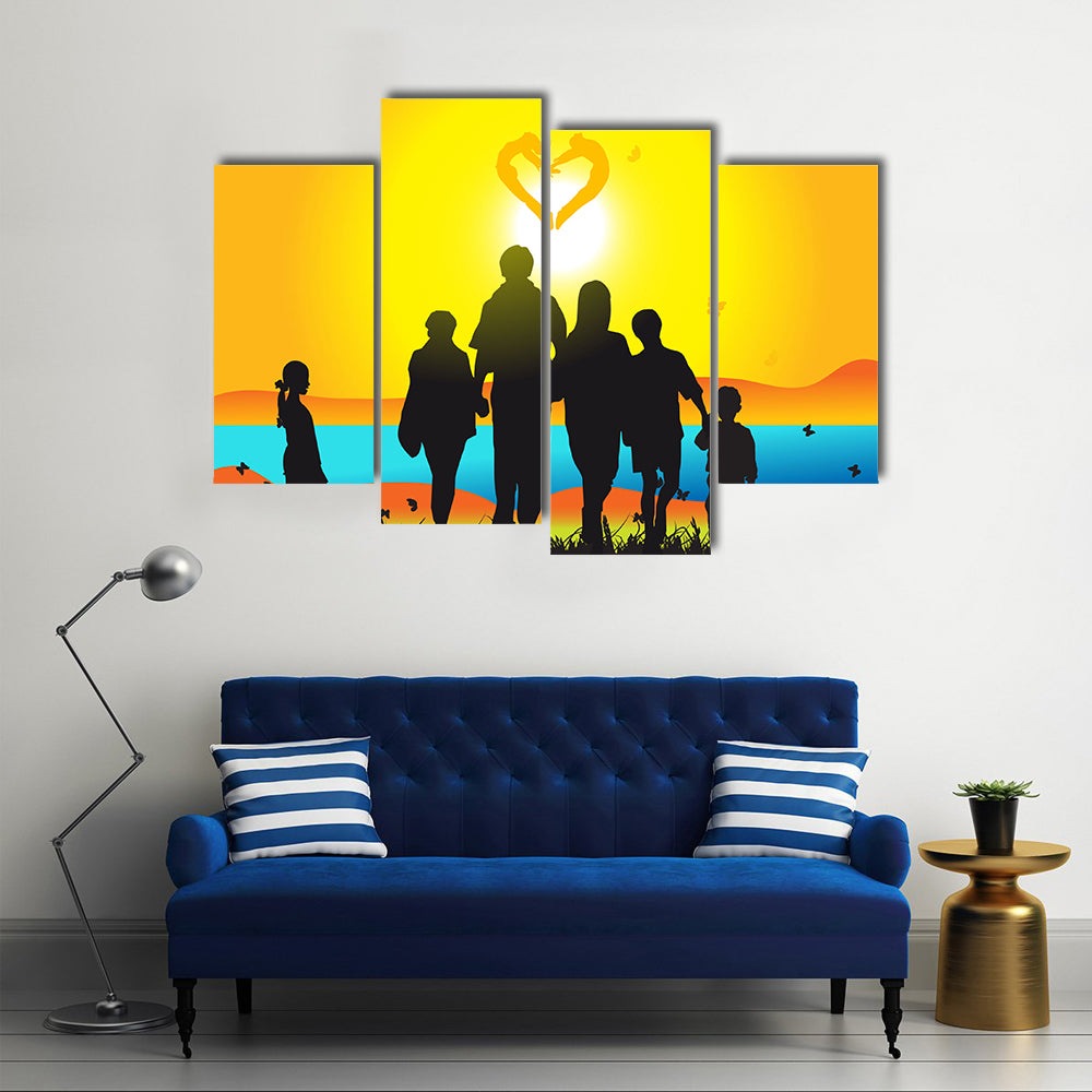 Happy family walks on nature, sunset Multi Panel Canvas Wall Art