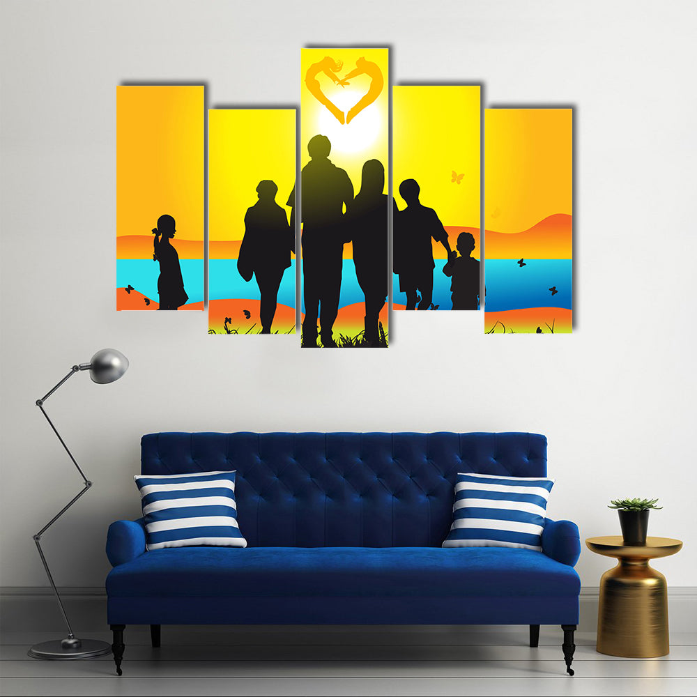 Happy family walks on nature, sunset Multi Panel Canvas Wall Art