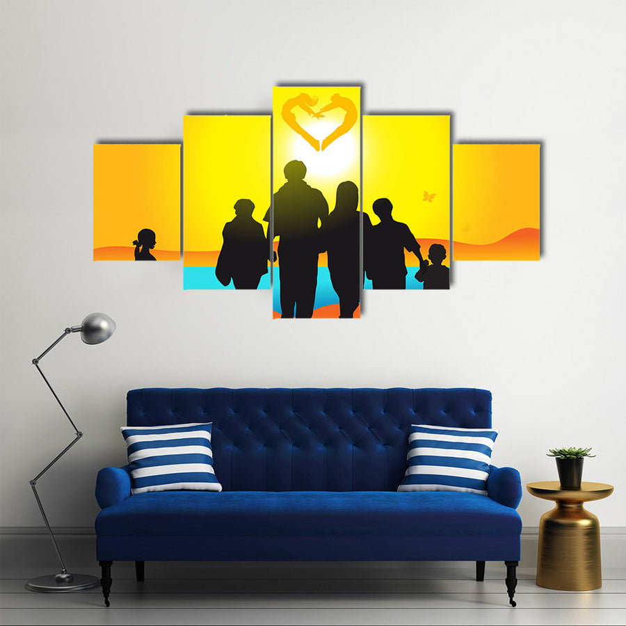 Happy family walks on nature, sunset Multi Panel Canvas Wall Art