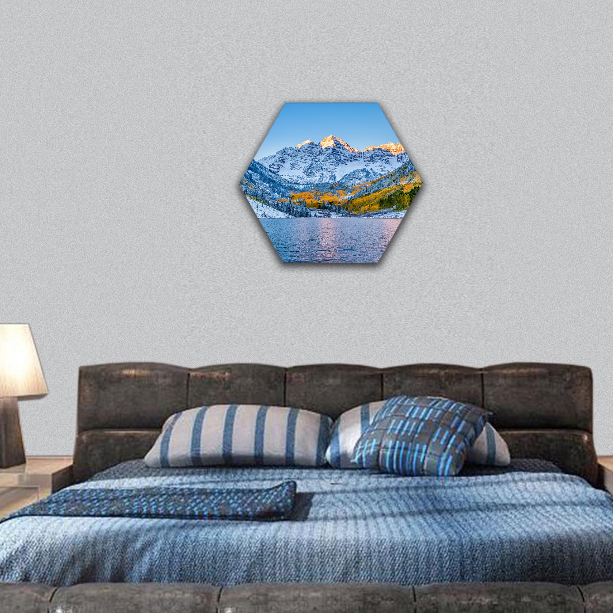 Maroon bells at sunrise, Apen  hexagonal canvas wall art