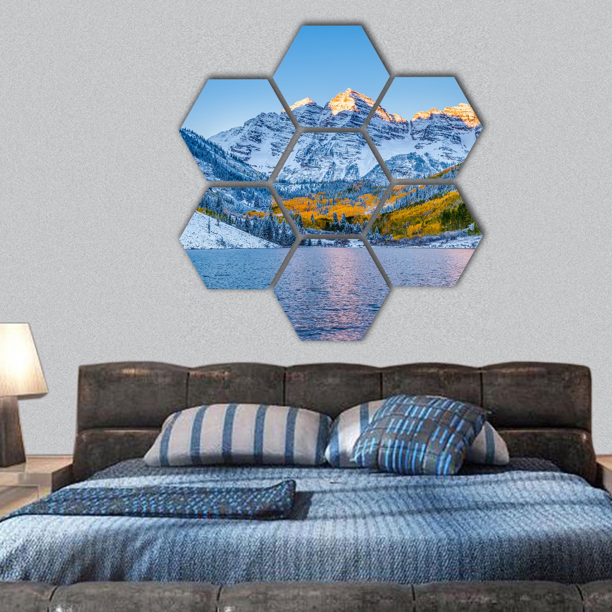 Maroon bells at sunrise, Apen  hexagonal canvas wall art