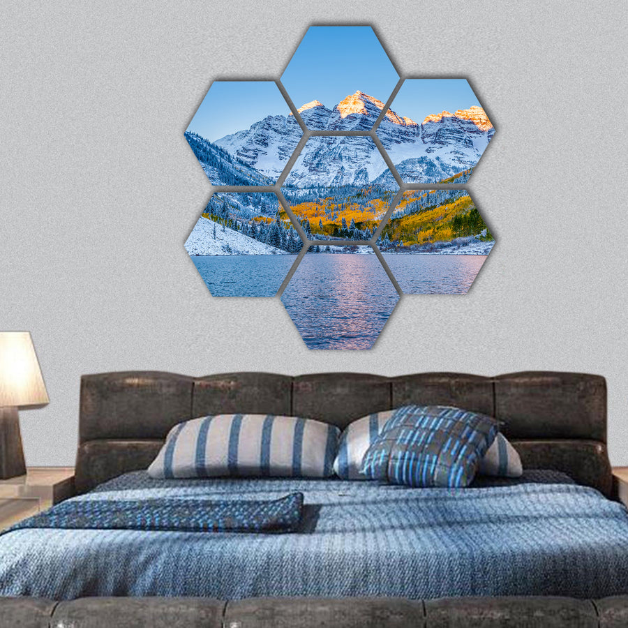Maroon bells at sunrise, Apen  hexagonal canvas wall art