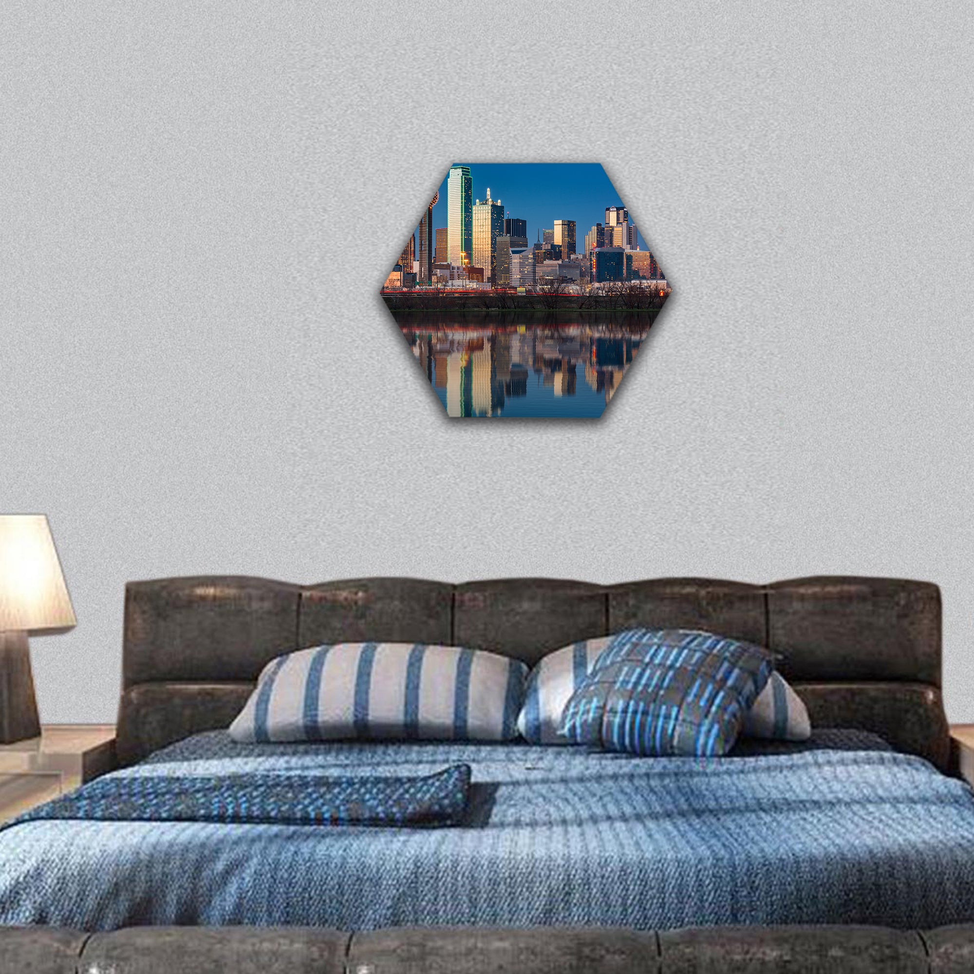Dallas skyline reflected in Trinity River hexagonal canvas wall art