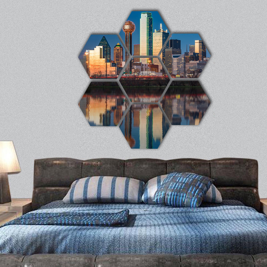 Dallas skyline reflected in Trinity River hexagonal canvas wall art