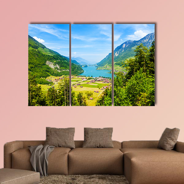 Beautiful landscape view with blue sky, river, forest, houses canvas wall art