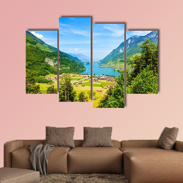 Beautiful landscape view with blue sky, river, forest, houses canvas wall art