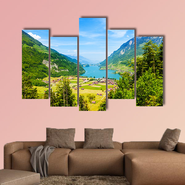 Beautiful landscape view with blue sky, river, forest, houses canvas wall art