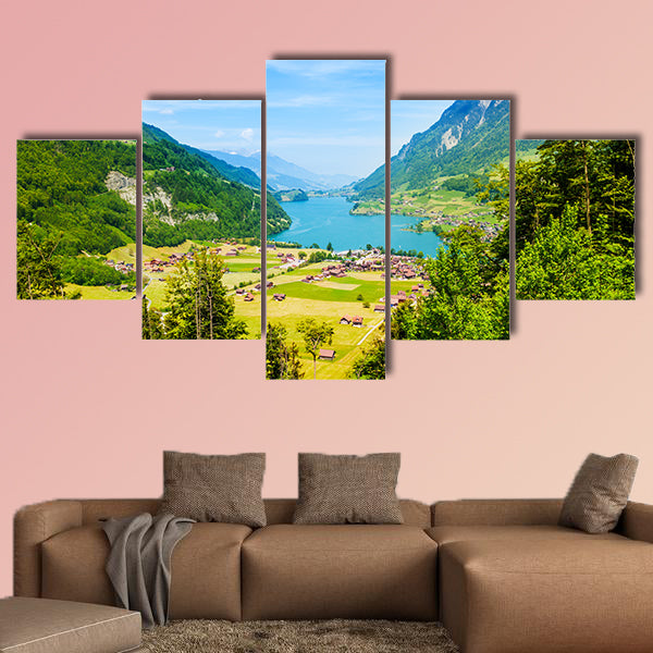 Beautiful landscape view with blue sky, river, forest, houses canvas wall art
