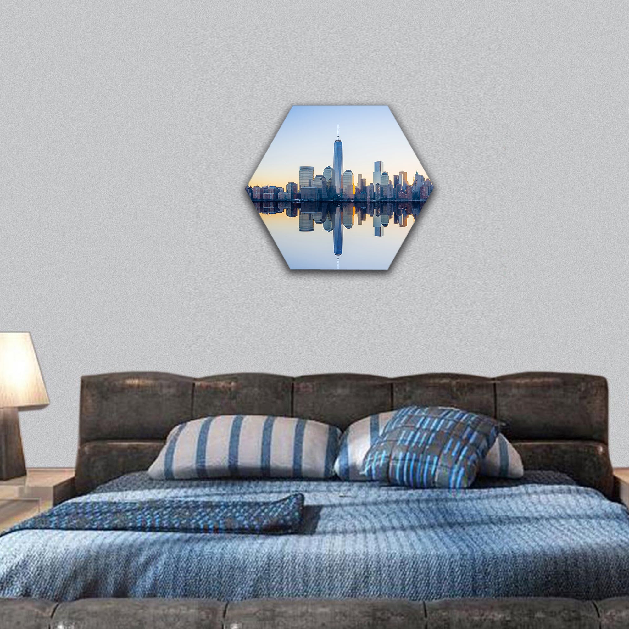 Manhattan Skyline with the One World Trade Center building hexagonal canvas wall art