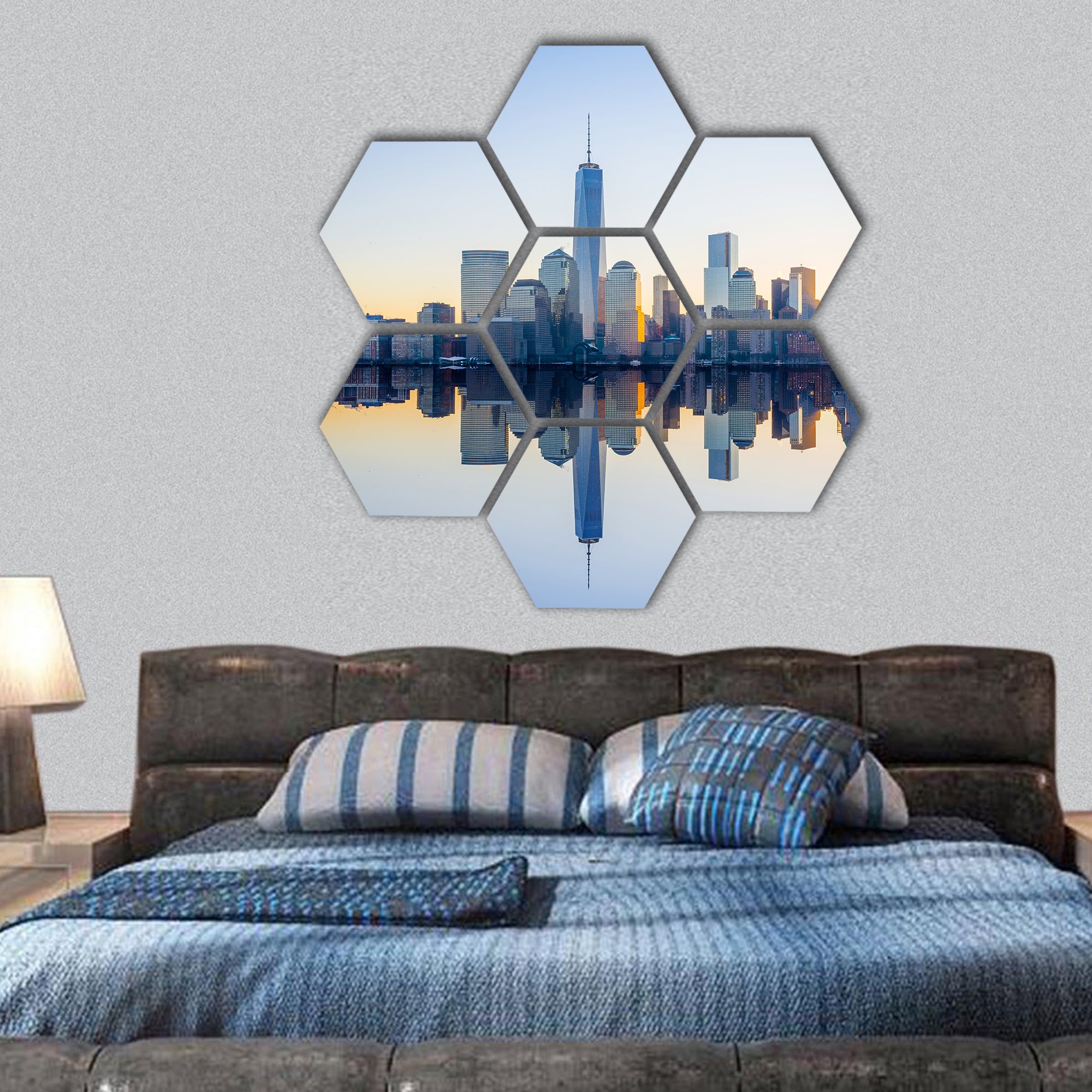 Manhattan Skyline with the One World Trade Center building hexagonal canvas wall art