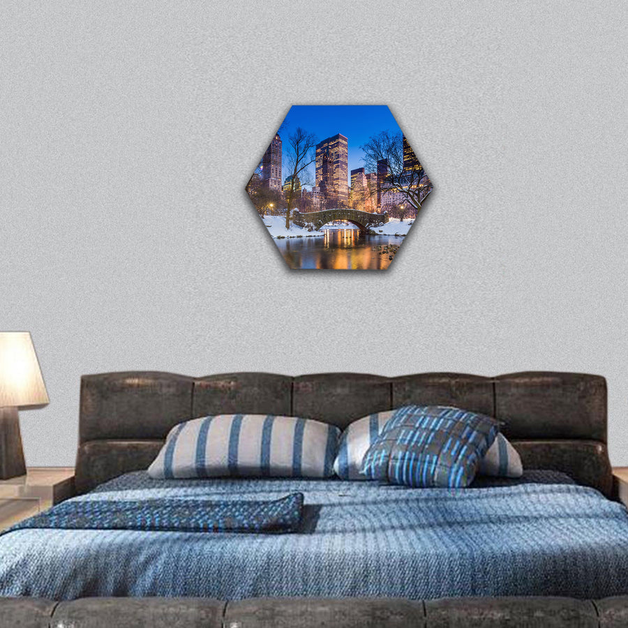 Gapstow bridge in winter, Central Park New York City hexagonal canvas wall art