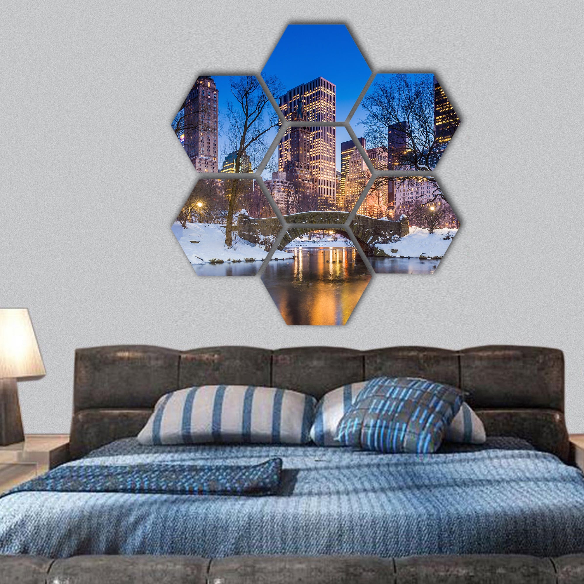 Gapstow bridge in winter, Central Park New York City hexagonal canvas wall art