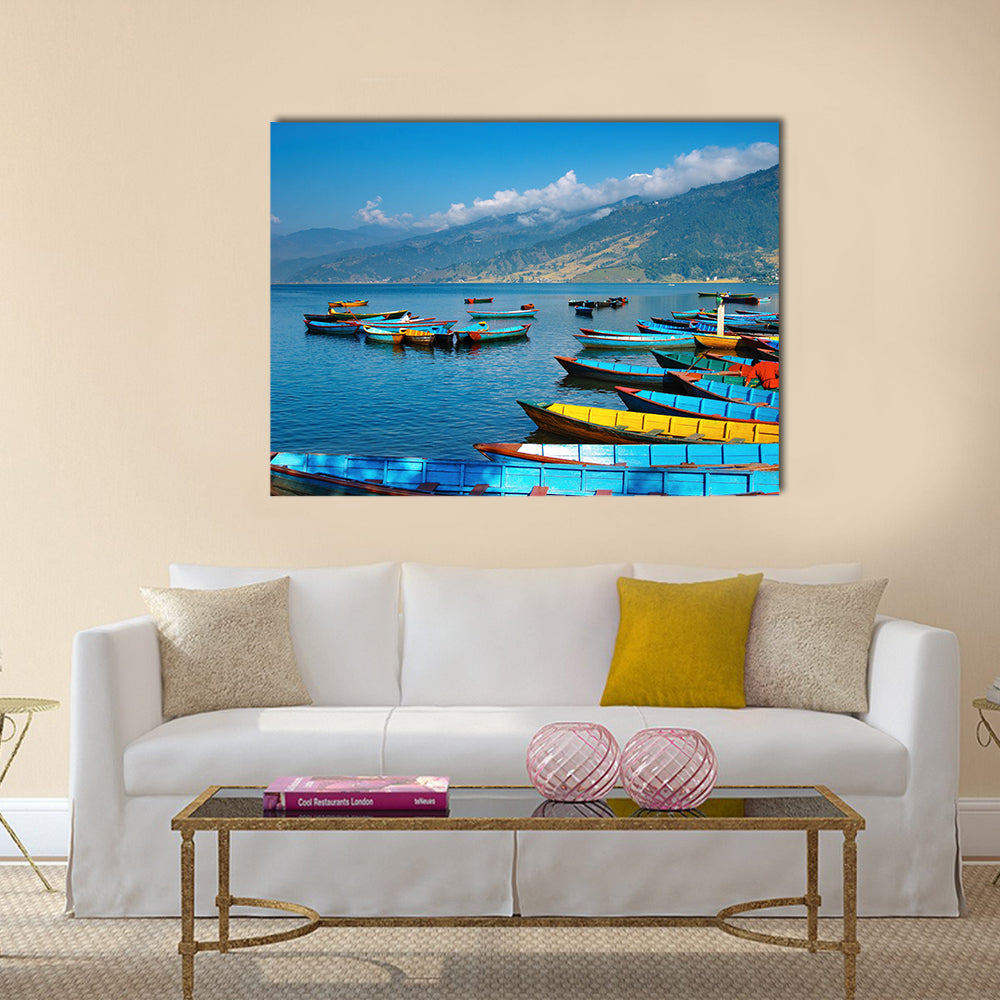 Colorful boats on Fewa lake, Pokhara, Nepal Multi panel canvas wall art