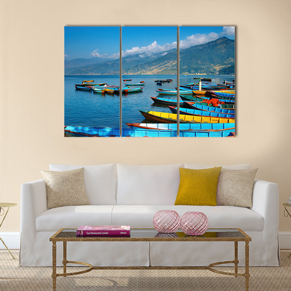 Colorful boats on Fewa lake, Pokhara, Nepal Multi panel canvas wall art
