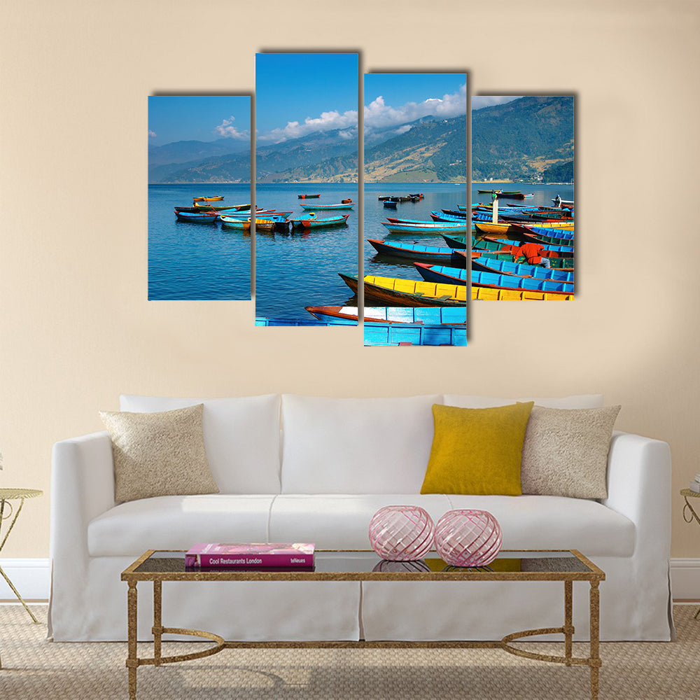 Colorful boats on Fewa lake, Pokhara, Nepal Multi panel canvas wall art