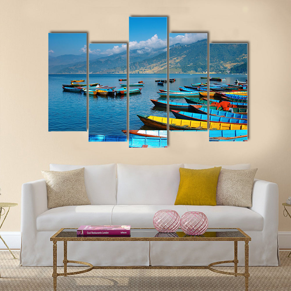 Colorful boats on Fewa lake, Pokhara, Nepal Multi panel canvas wall art