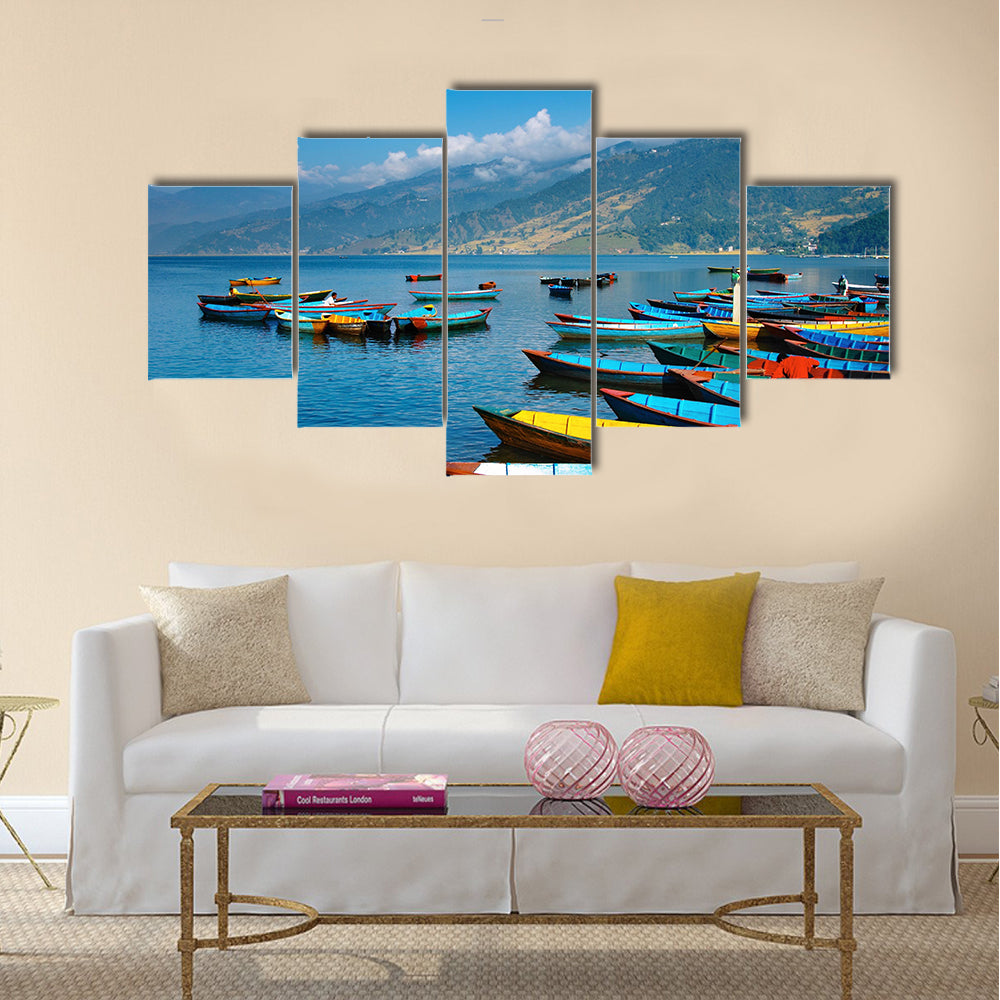 Colorful boats on Fewa lake, Pokhara, Nepal Multi panel canvas wall art