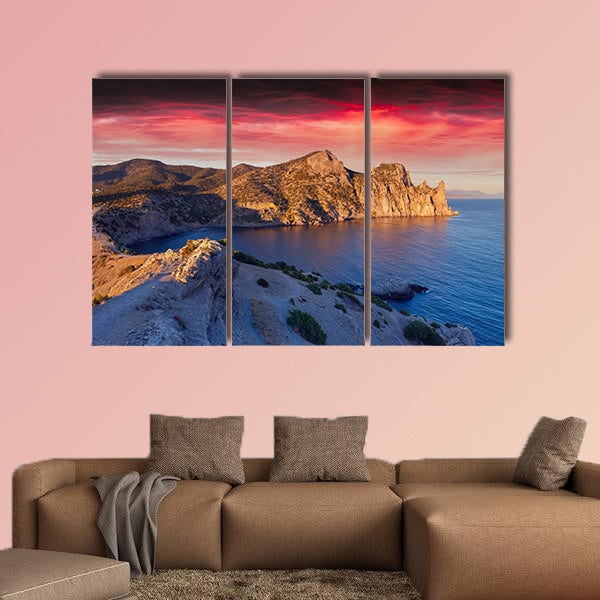 Colorful summer sunrise on the sea Royal bay, Novy Svet, Cremea multi panel canvas wall art