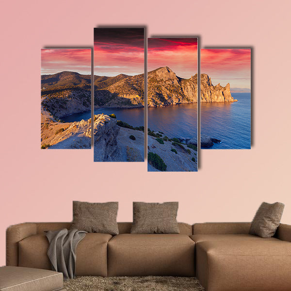 Colorful summer sunrise on the sea Royal bay, Novy Svet, Cremea multi panel canvas wall art