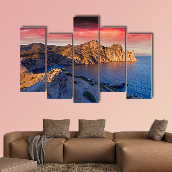 Colorful summer sunrise on the sea Royal bay, Novy Svet, Cremea multi panel canvas wall art