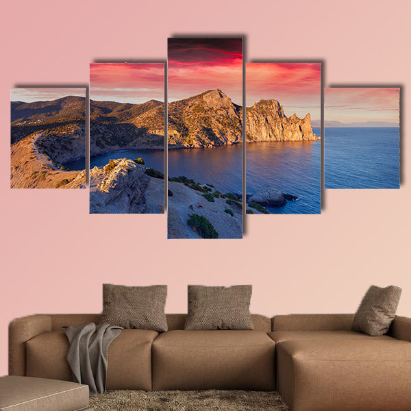 Colorful summer sunrise on the sea Royal bay, Novy Svet, Cremea multi panel canvas wall art