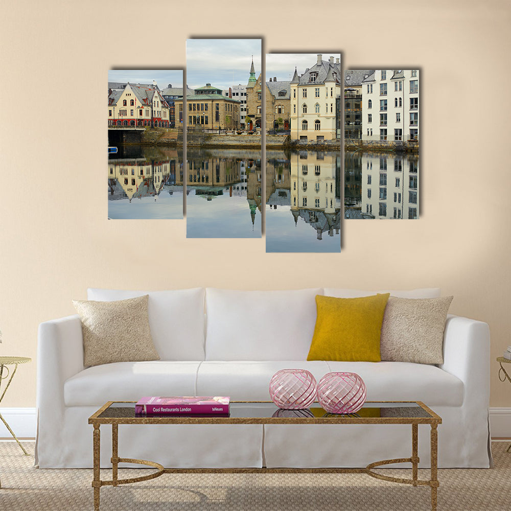 view on streets and houses at city of Alesund multi panel canvas wall art