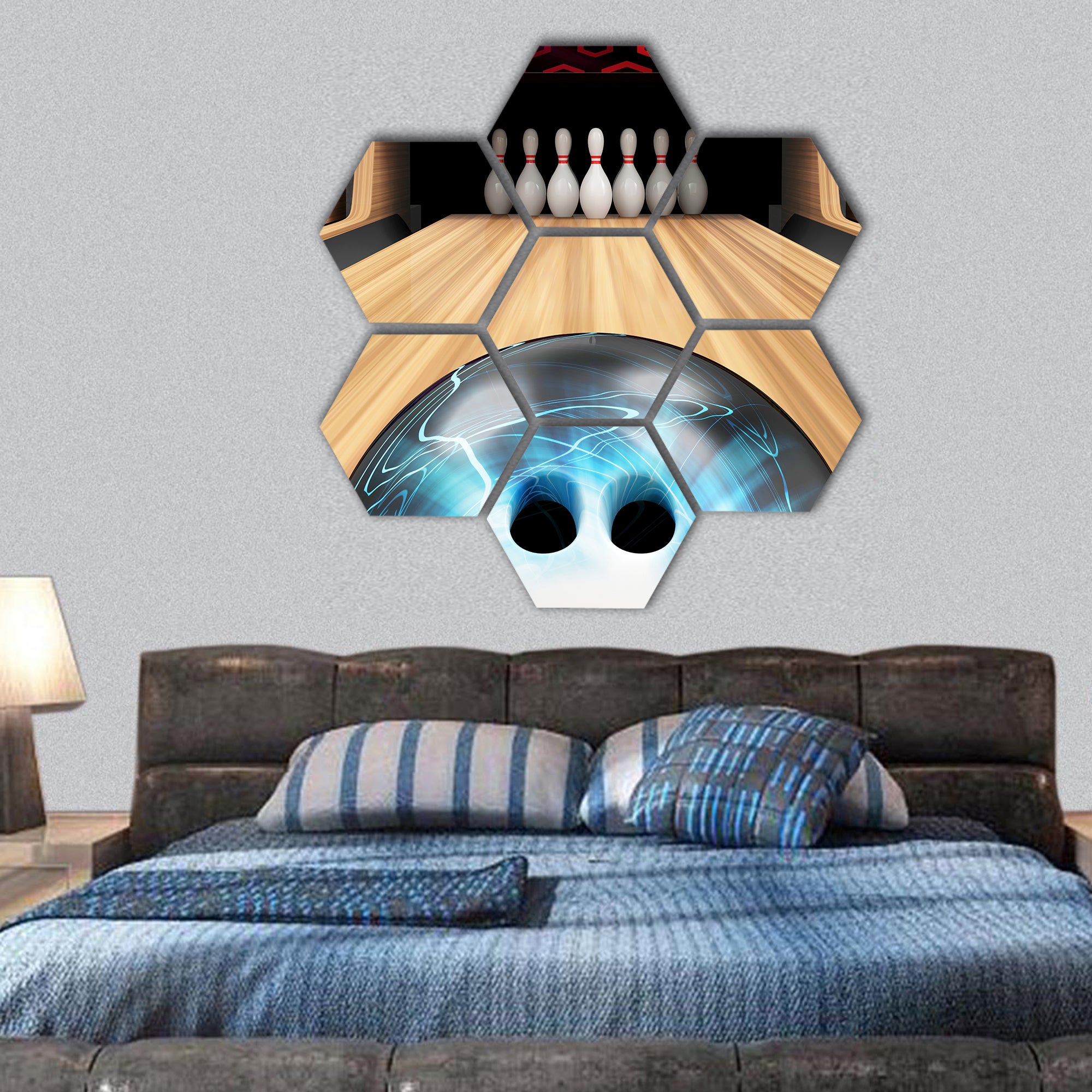 Bowling Ball is Rolling on Wooden Lane hexagonal canvas wall art