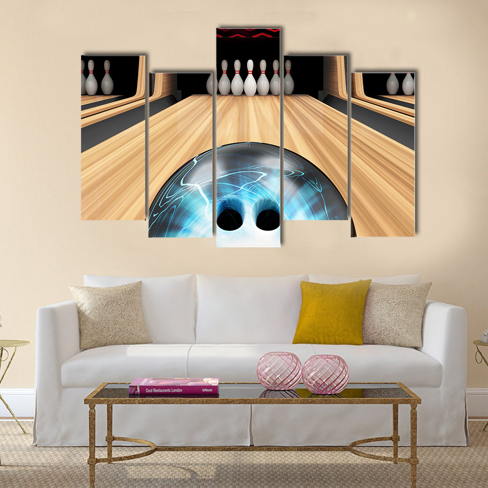 Bowling Ball is Rolling on Wooden Lane Multi panel canvas wall art